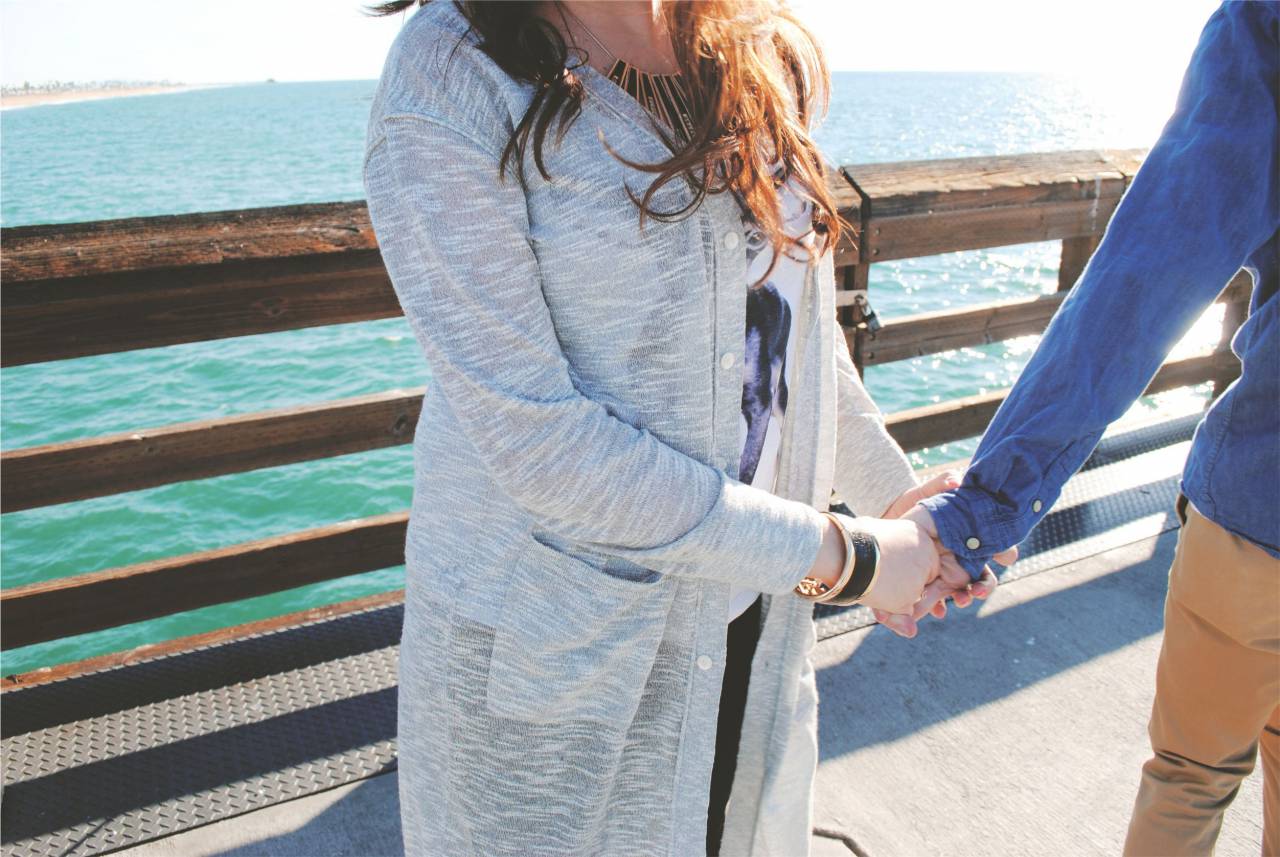 couple, love, people, holding hands, pier, sweater, fashion
, 
