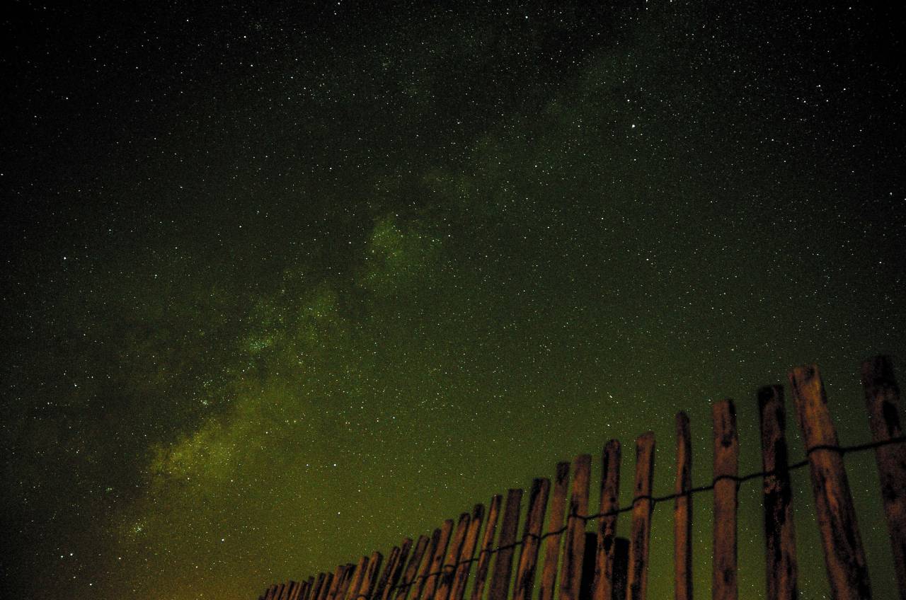oscuro, cielo, estrellas, crepúsculo, madera, valla, noche,