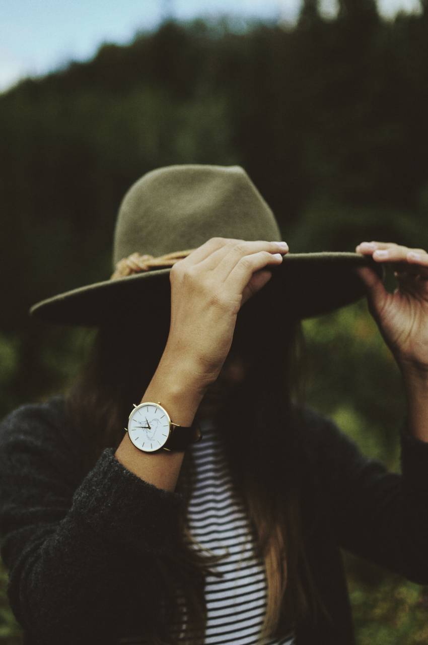 federa, reloj, reloj, moda, rayas, verde, naturaleza, hojas, árboles, gente, niña, mujer,
