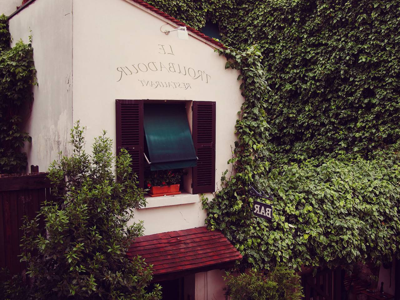 Le Troubadour, restaurant, France, vines, leaves, window, shutters
, 
