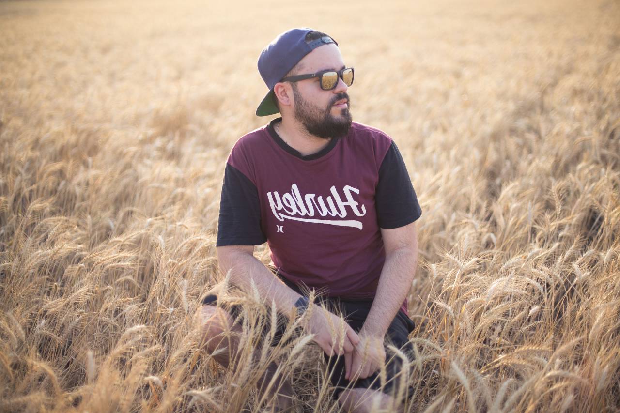 man, sitting, field, sunglasses, people, hat, cap, baseball cap, beard, wheat, farm, farmland
, 