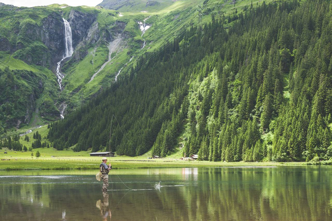 mountain, highland, landscape, nature, green, grass, trees, plant, nature, outdoor, forest, lake, water, people, man, alone, fishing, reflection, waterfall
, 