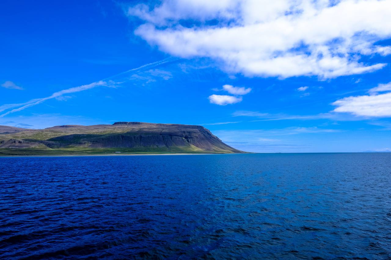 Montaña, vista, paisaje, horizonte, azul, agua, mar, océano, naturaleza, nubes, cielo,