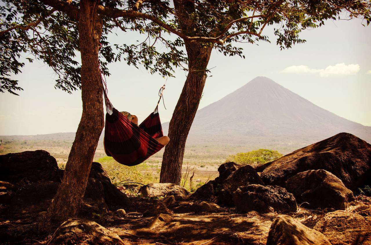 nature, landscape, mountains, summit, peak, slope, grass, trees, sky, clouds, view, man, woman, people, hammock, leisure, relax
, 