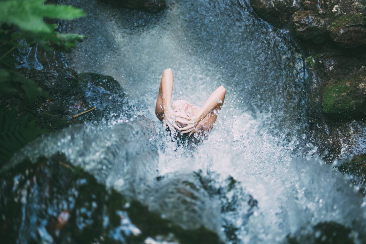 people, alone, girl, bathing, shower, waterfall, nature, rocks, moss
, 