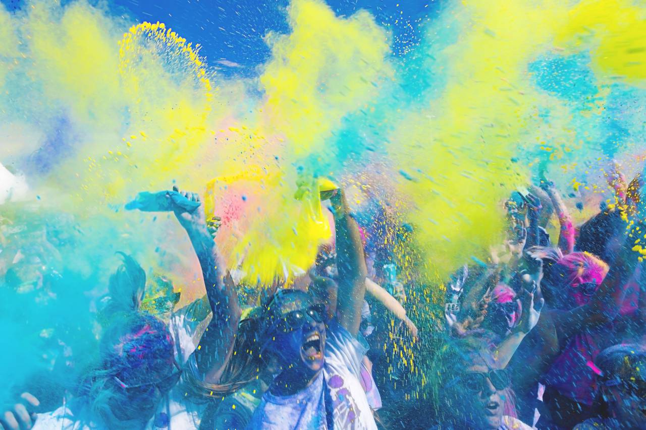 Gente, multitud, color, fiesta, divertido, juego, colorido,