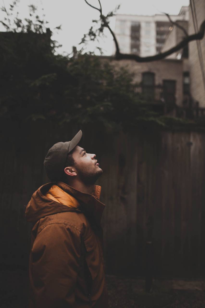 people, guy, alone, hoodie, jacket, cap, dark, outdoor, tree, plant, building
, 