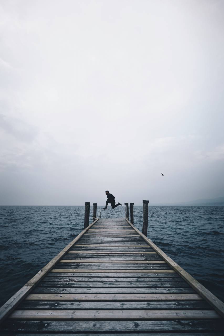 people, man, jump, black and white, bridge, water, ocean, sea, travel, adventure
, 