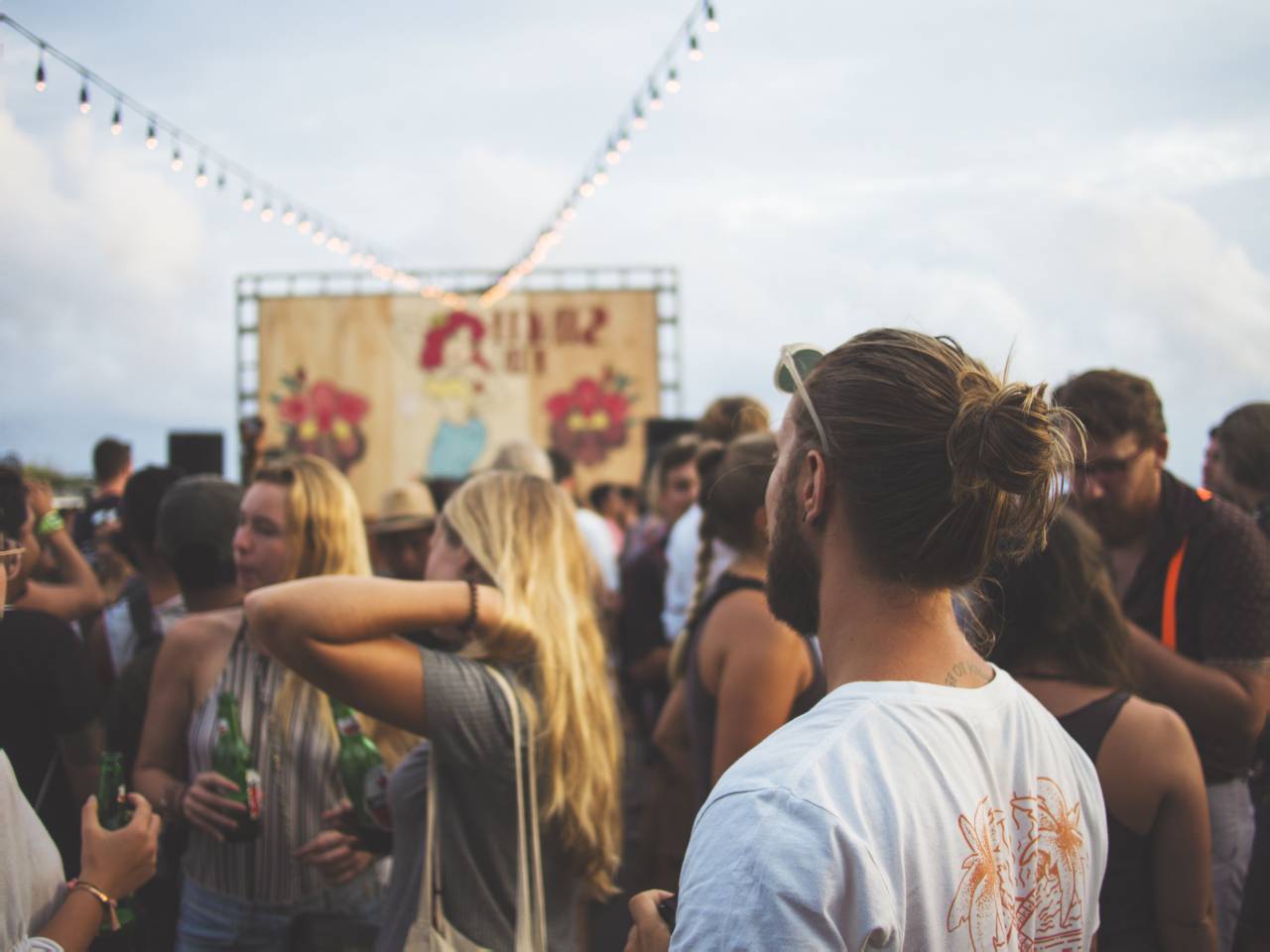 people, man, men, woman, lady, bottle, eyeglass, gathering, party, lights, day, morning, stage, concert
, 