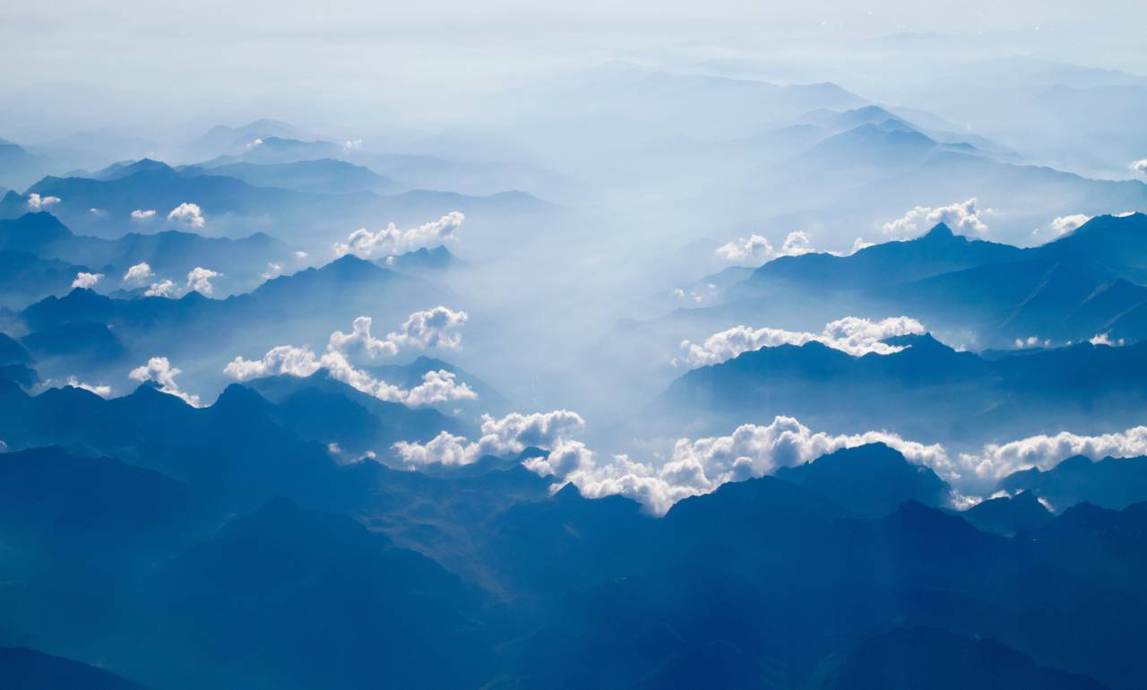 nieve, montaña, nubes, aéreo, azul, naturaleza, niebla, paisaje, vista,