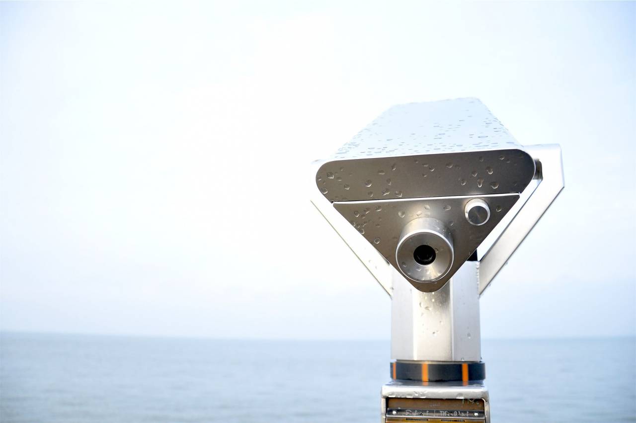 Visor de torre, telescopio, binoculares, vista, agua, horizonte,