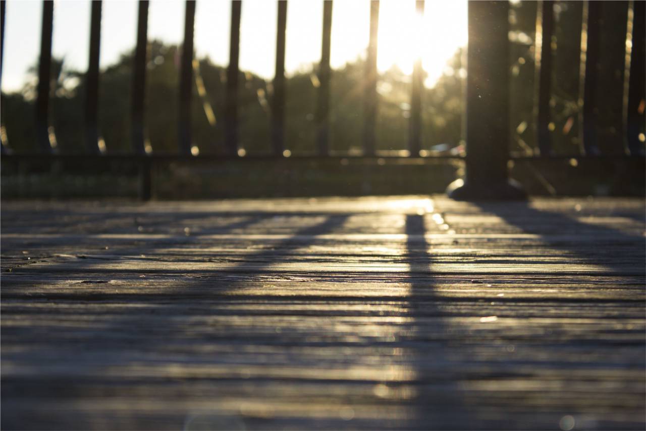 Madera, cubierta, barandilla, puesta de sol, sombras, patio,
