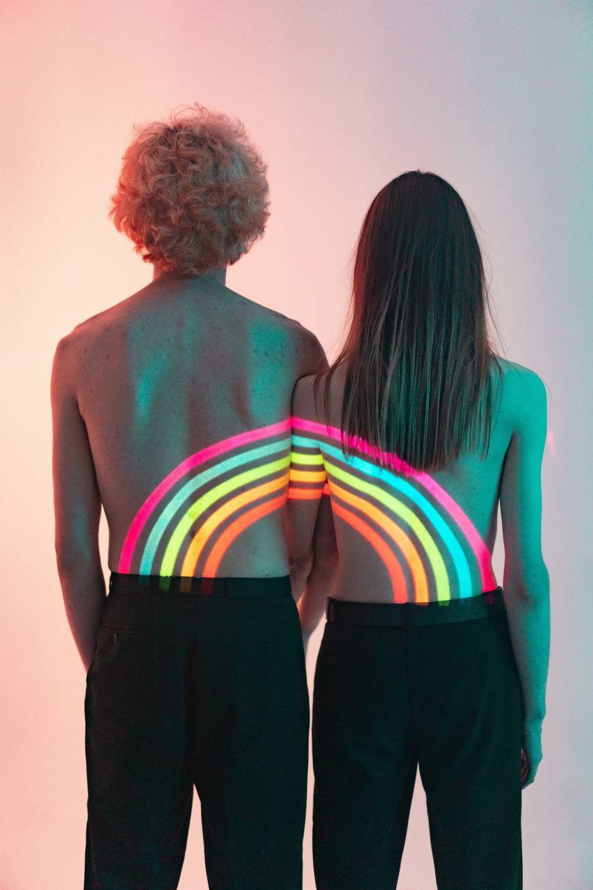 lgbtq;pride;rainbow;couple;concept,women,men,adult,back,rear view,young adult,naked,males,caucasian ethnicity,two,people,togetherness, 