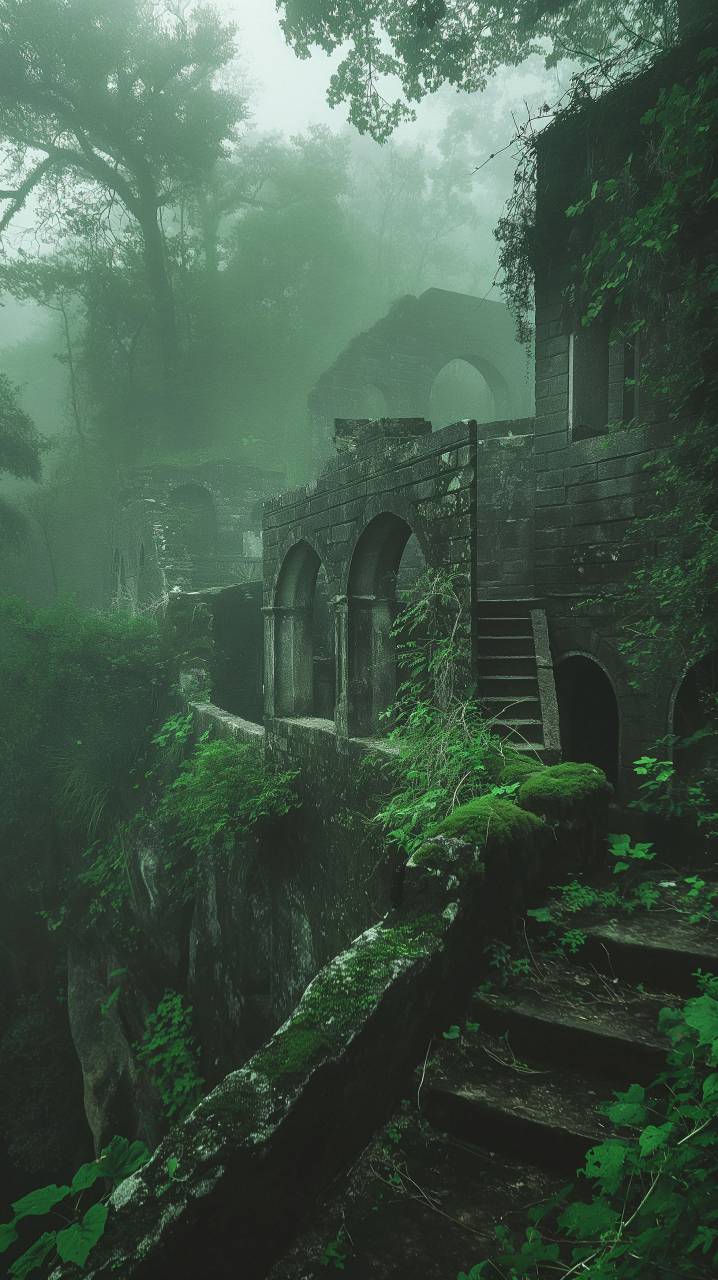 Misterioso, abandonado, ruinas, niebla, viejo, escaleras, nadie, niebla, misterioso, fondos de pantalla de alta definición, 