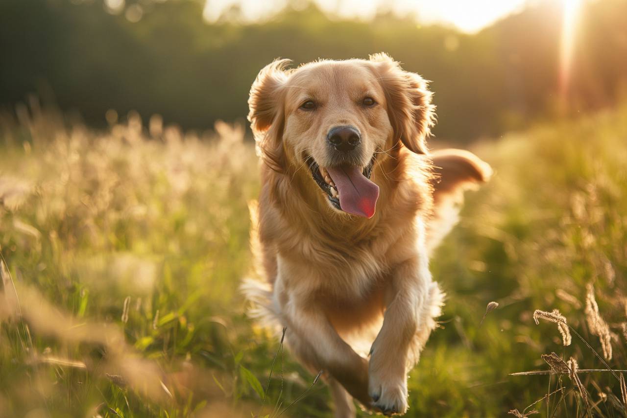 dog, mascot, pet, golden retriever, animal, one, running, field, outdoors, sunset, hd wallpapers, 