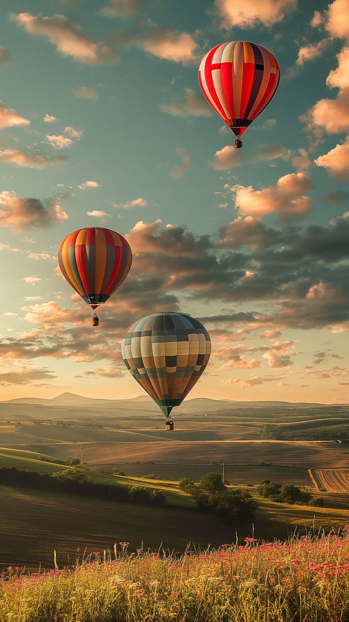 hot air balloons, whimsical, landscape, patchwork, fields, colorful, dreamlike, adventure, exploration, serene, sunrise, dawn, idyllic, peaceful, vibrant, hd wallpapers, 