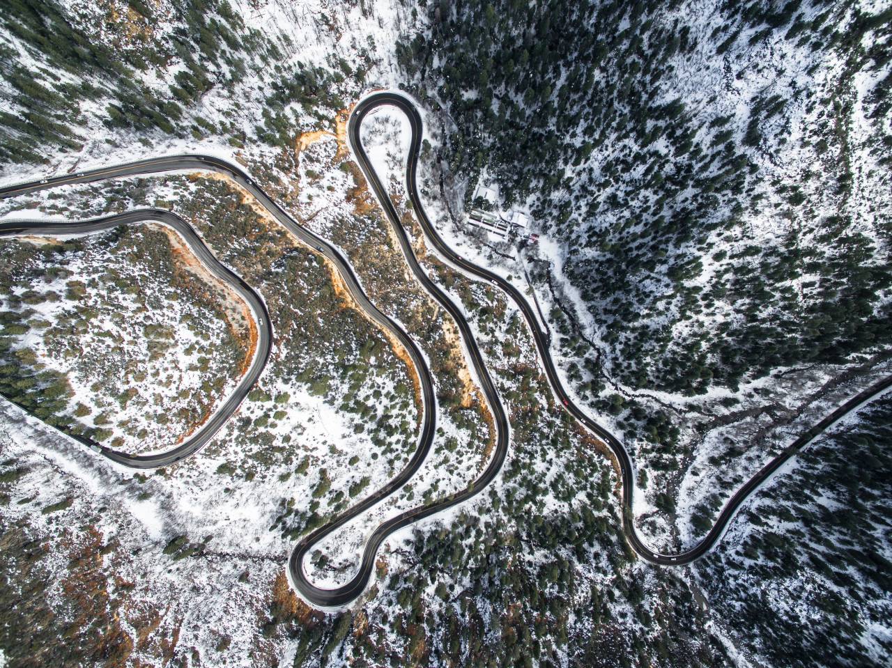 aéreo, vista, naturaleza, camino, camino, nieve, invierno,