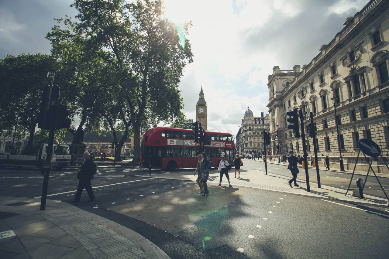 architecture, building, infrastructure, sky, skyscraper, tower, big ben, london, people, walking, men, bus, transportation, trees, plant, nature, morning, city, cloud, sky
, 