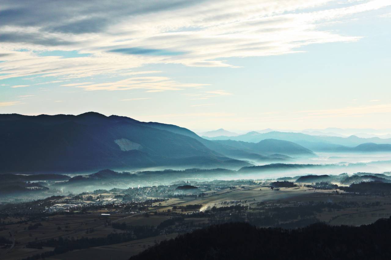 blue, sky, clouds, country, town, plains, hills, mountains, trees, grass, fog, mist
, 
