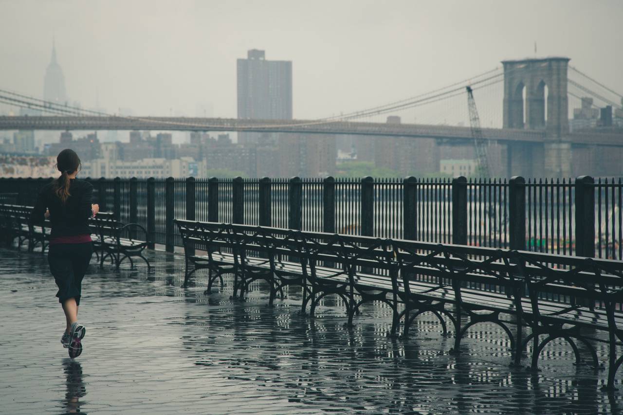 girl, woman, runner, running, fitness, sports, active, fit, bridge, architecture, rain, raining, wet, benches, railings, city, jogging
, 