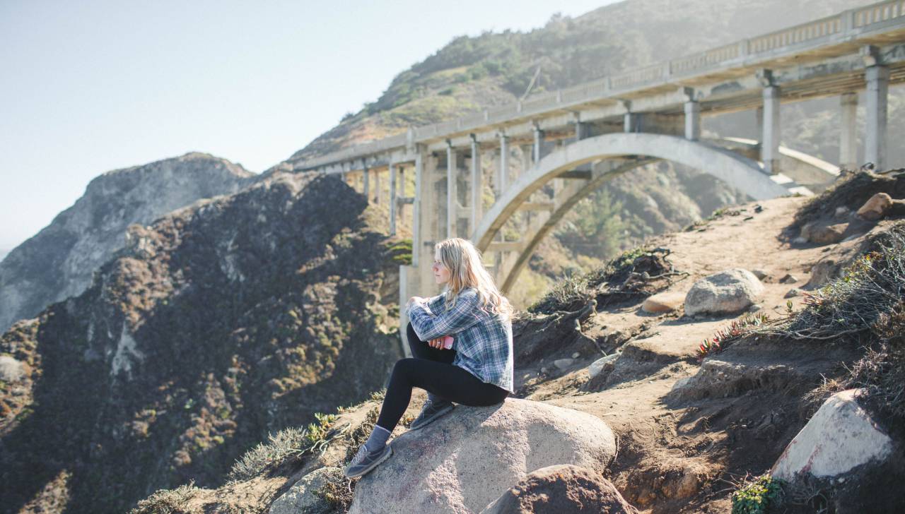 people, woman, alone, rock, stone, infrastructure, bridge, plaid
, 
