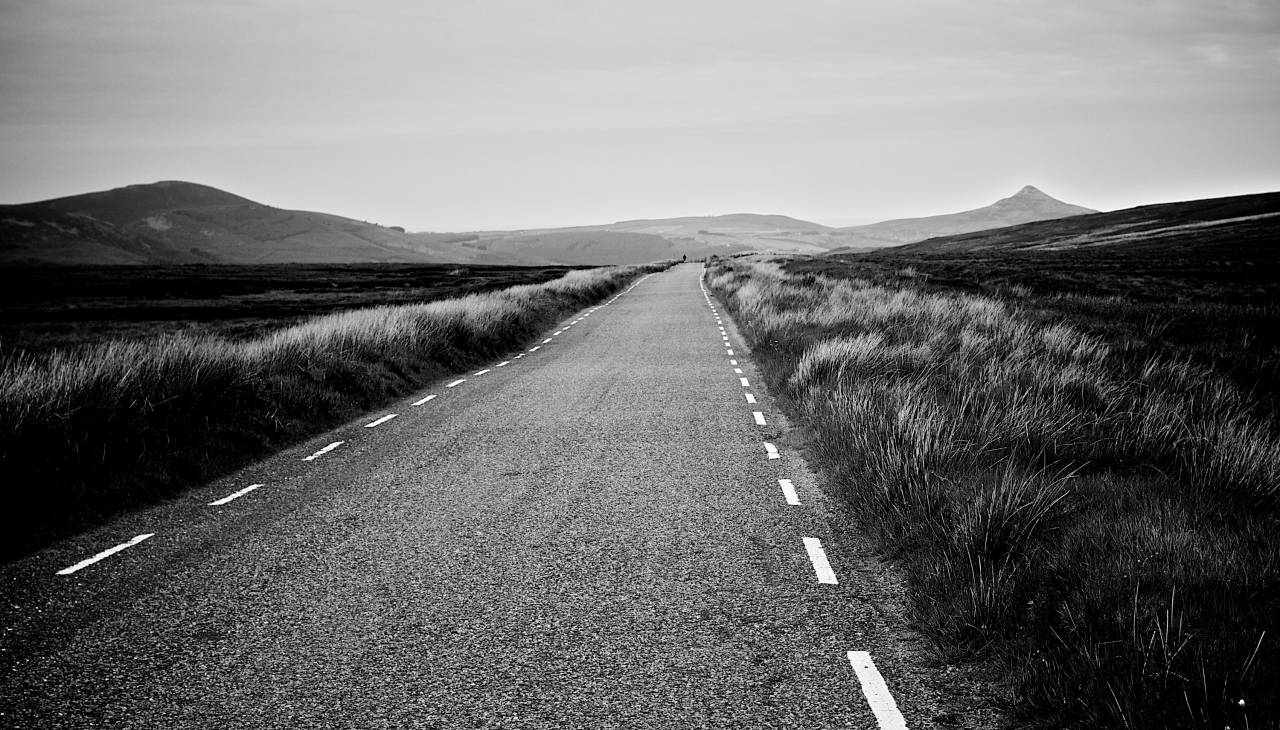 Carretera, rural, país, vacío, campos, césped, plantas, montañas, colinas, valles, paisaje, blanco y negro,