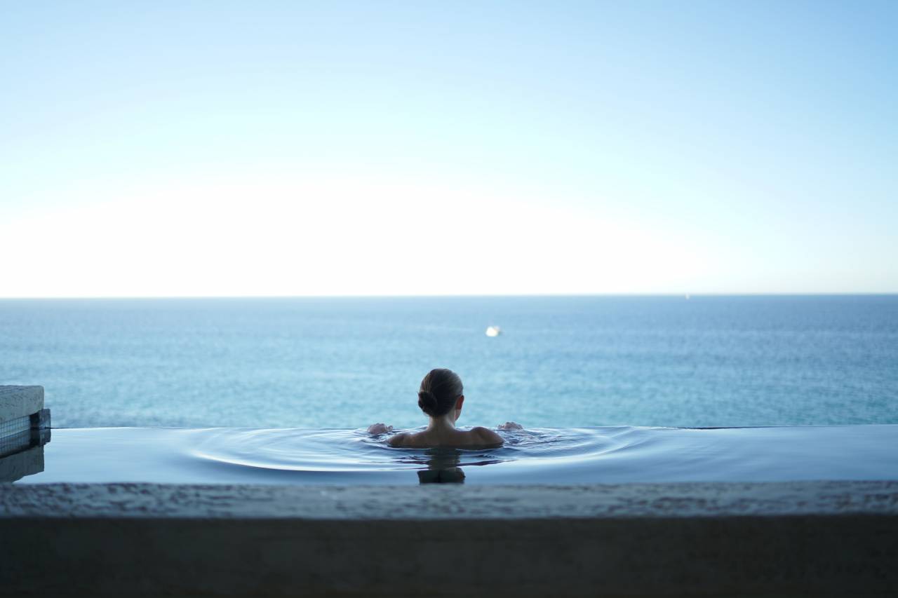 sea, ocean, water, nature, coast, shore, beach, summer, people, woman, girl, swimming, alone, horizon, blue, sky
, 