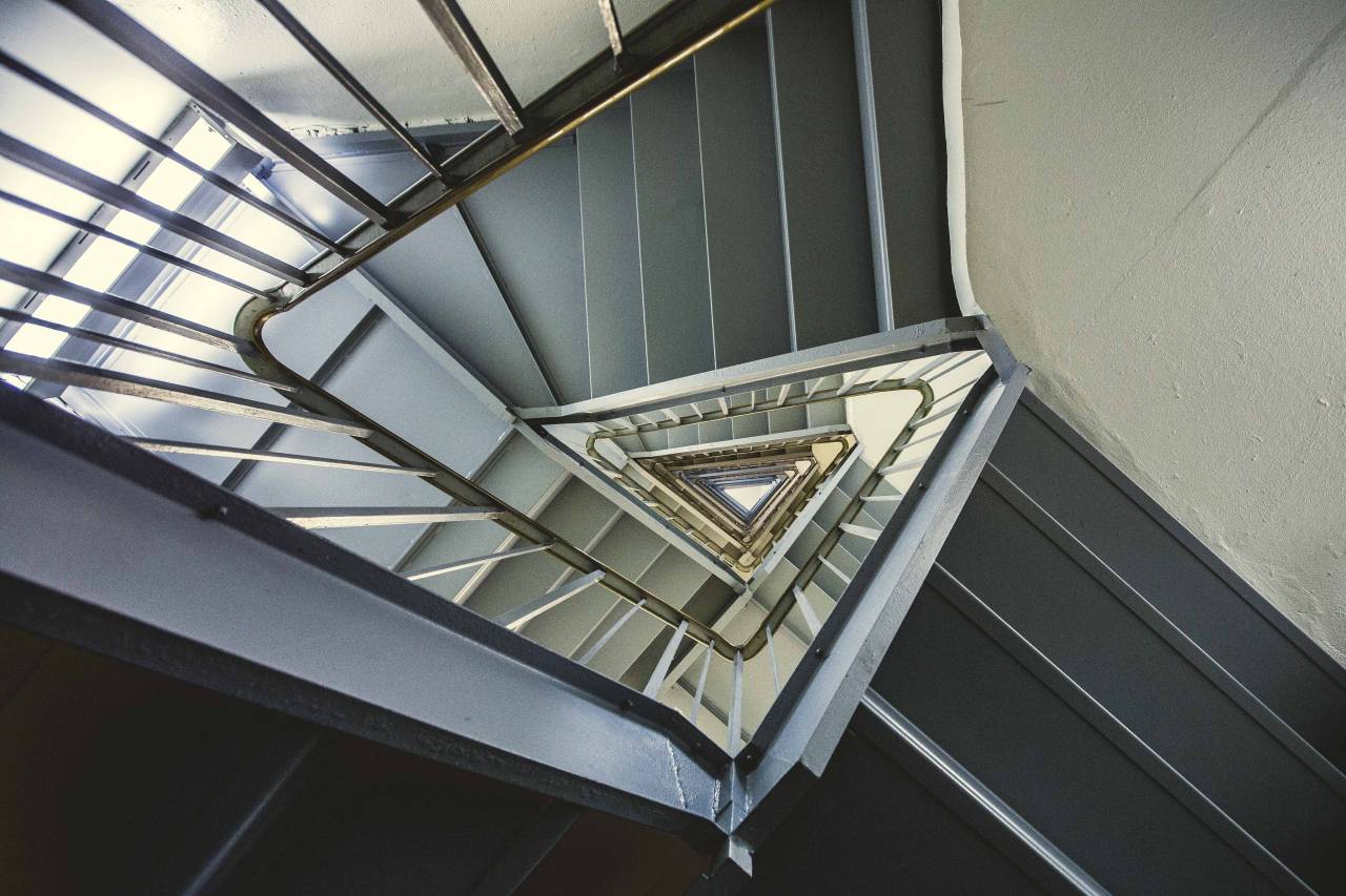 triangle, staircase, architecture, modern, indoors, spiral, steps, city, urban, steel, structure, building, endless
, 