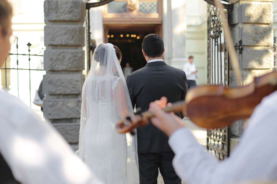 bride, woman, man, groom, violin, wedding 