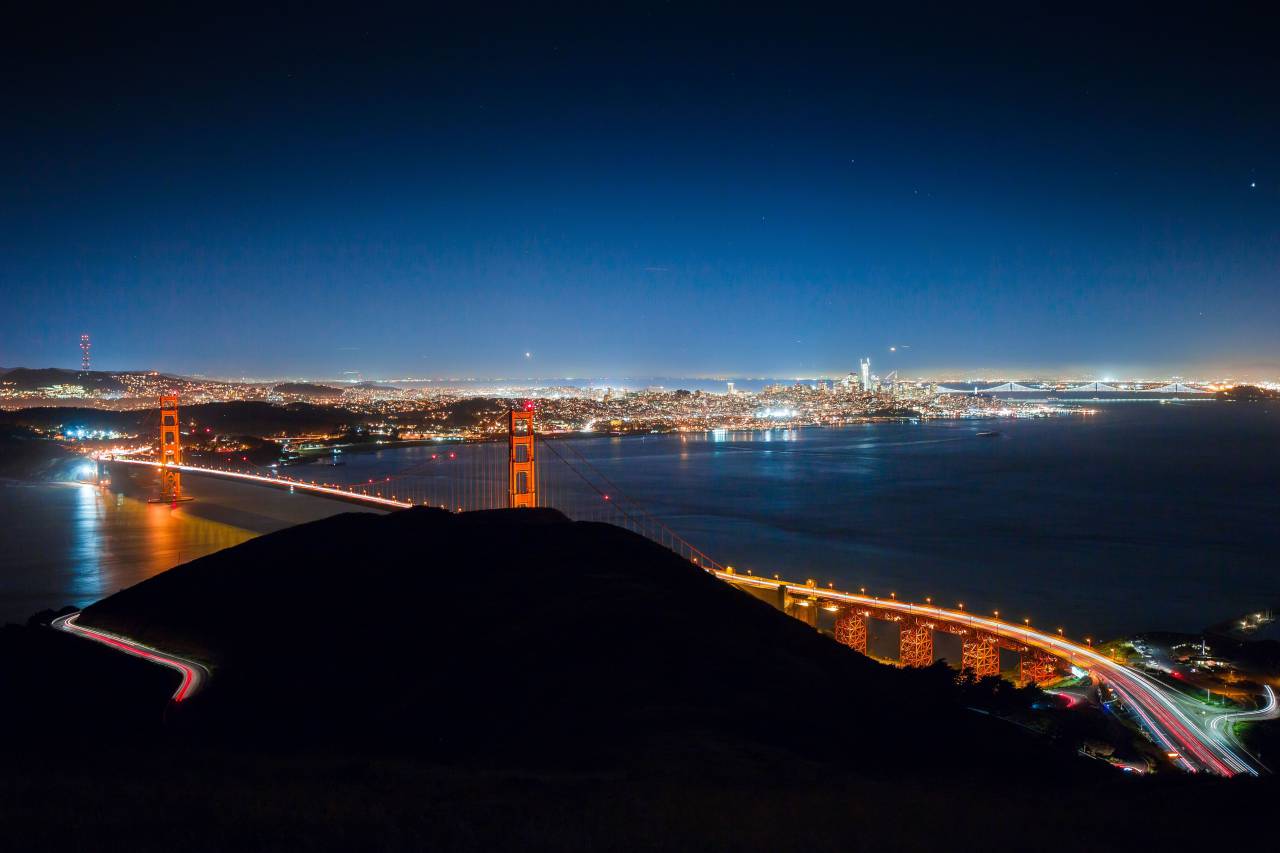 architecture, building, infrastructure, mountain, highland, road, lights, skyline, city, urban, night, sky, golden gate bridge, landmark, transportation, travel
, 
