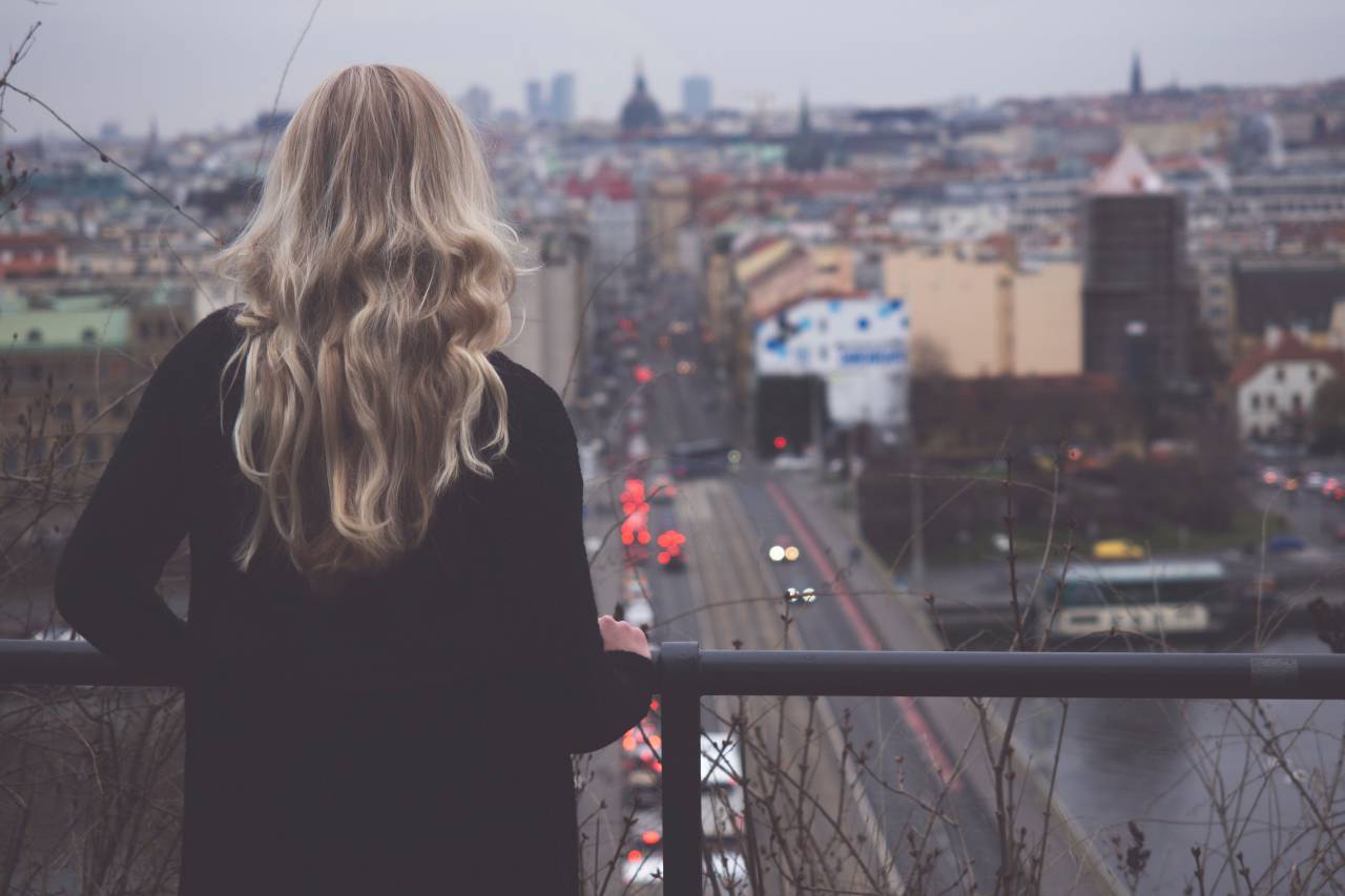 architecture, building, infrastructure, sky, skyscraper, tower, city, urban, skyline, view, people, woman, girl, alone, sad
, 