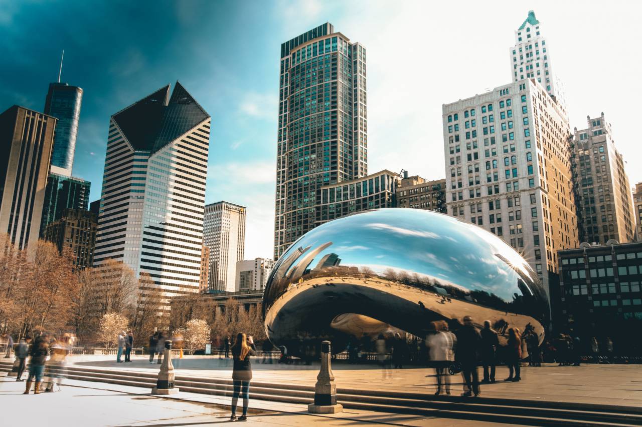 architecture, building, infrastructure, sky, skyscraper, tower, skyline, city, urban, people, park, plaza, landmark, cloud gate, travel
, 