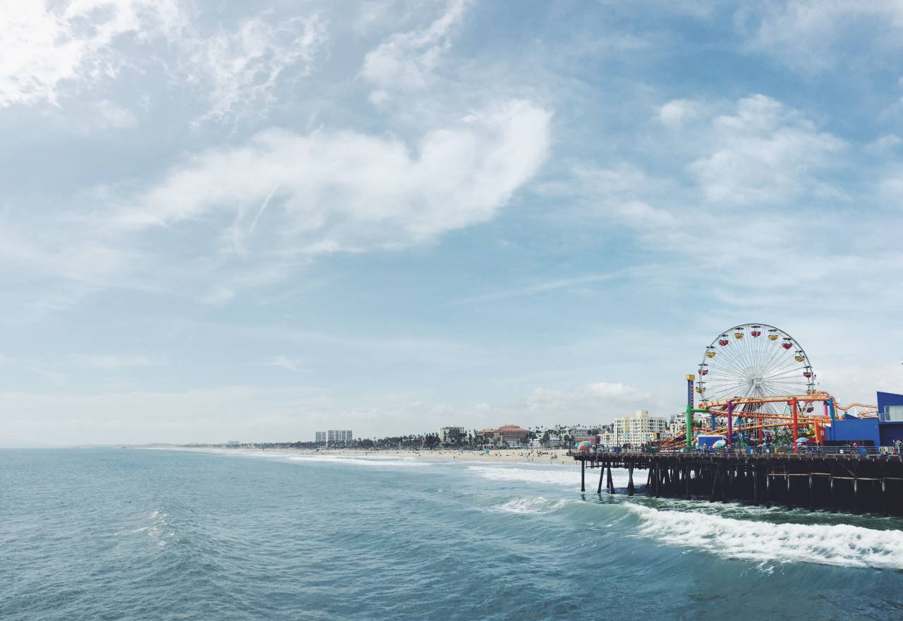 beach, ocean, sea, water, waves, blue, sky, sunshine, summer, ferris wheel, amusement park
, 