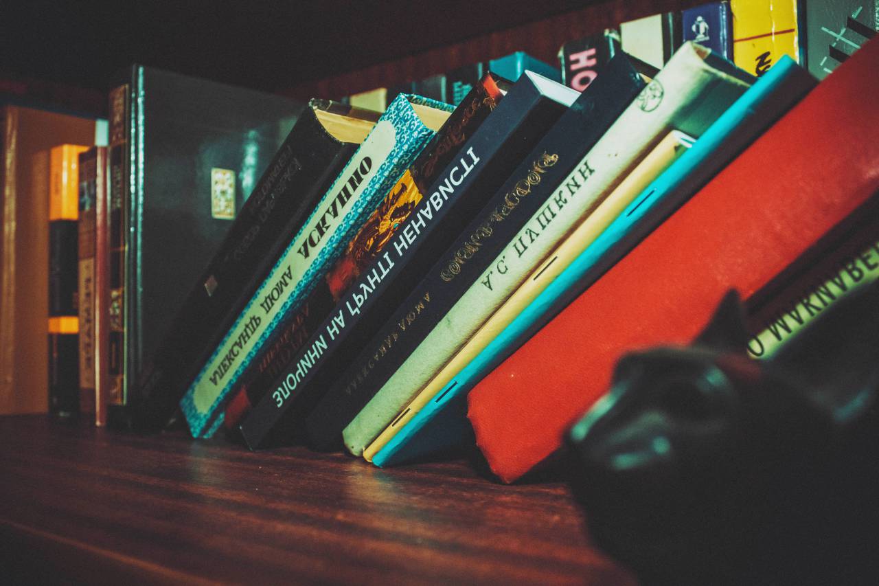 Libros, estante, estante, escuela, biblioteca, estudio, conocimiento, educación, difuminar