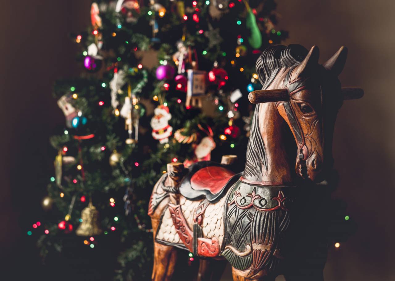 christmas, tree, ball, lights, horse, pony, figure, wooden, toy, display
, 