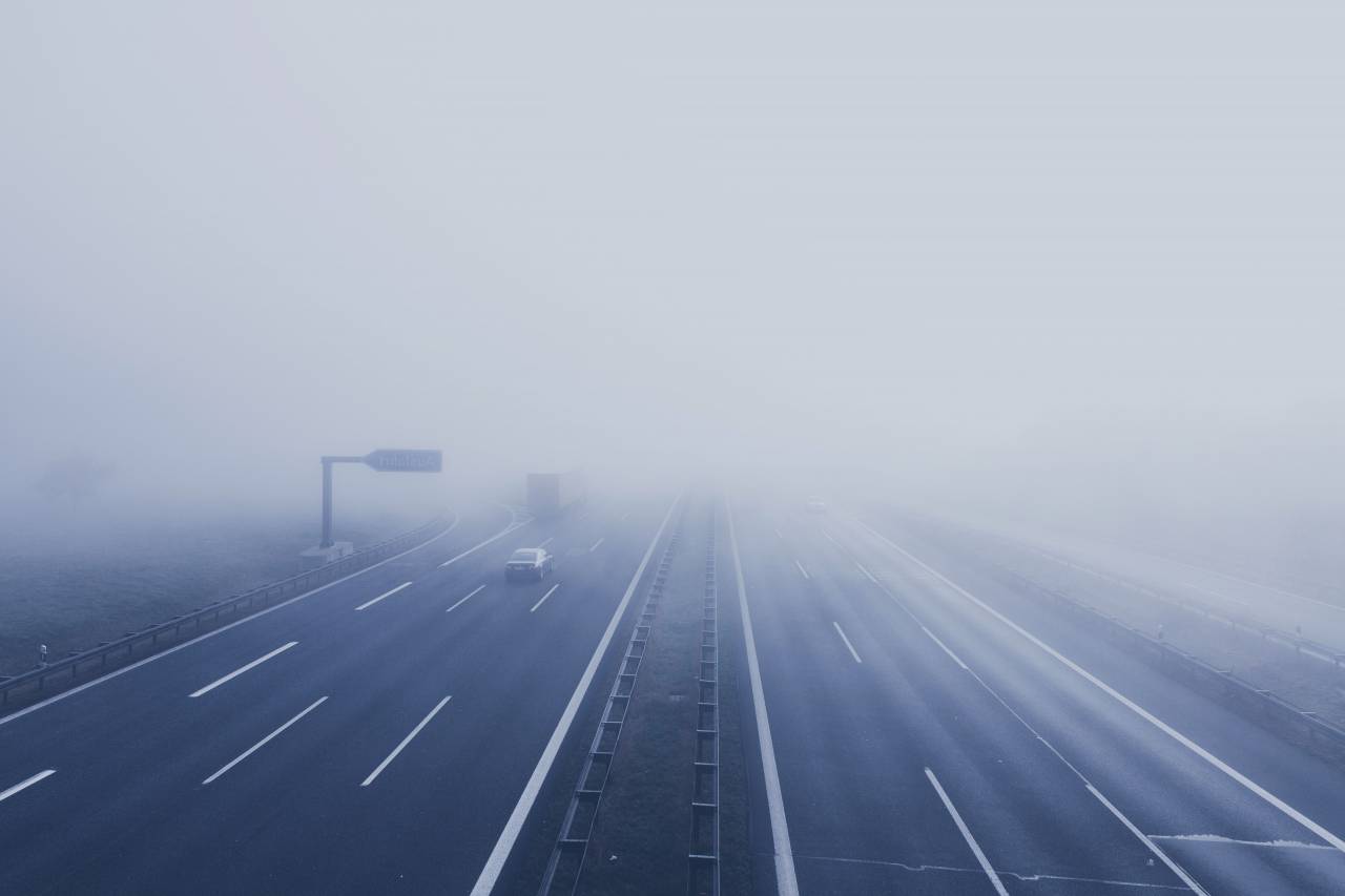 freeway, fog, vehicle, road, lane, car, path, expressway, trip, travel, sky, dark, urban, steel
, 