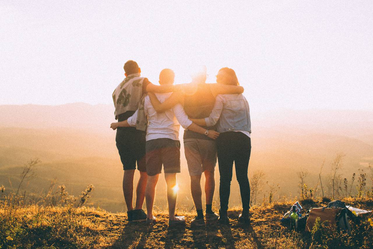 friends, hugging, mountain, people, man, woman, happy, close, family, sunset, nature
, 