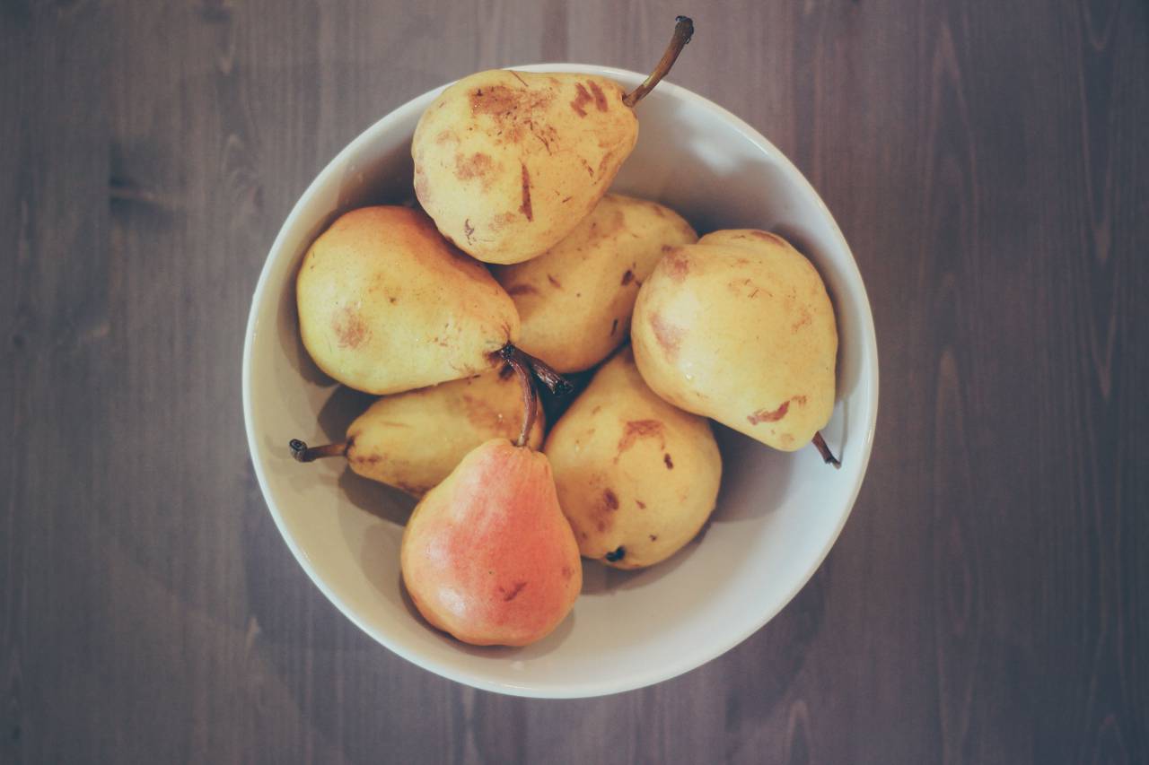 Fruta, postre, pera, amarillo, fresco, cuenco, maderas, utensilios, cocina, comida,