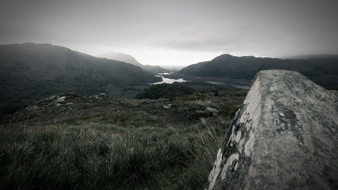 grey, clouds, fog, haze, hazy, moutains, water, fields, grass, rocks, trees
, 