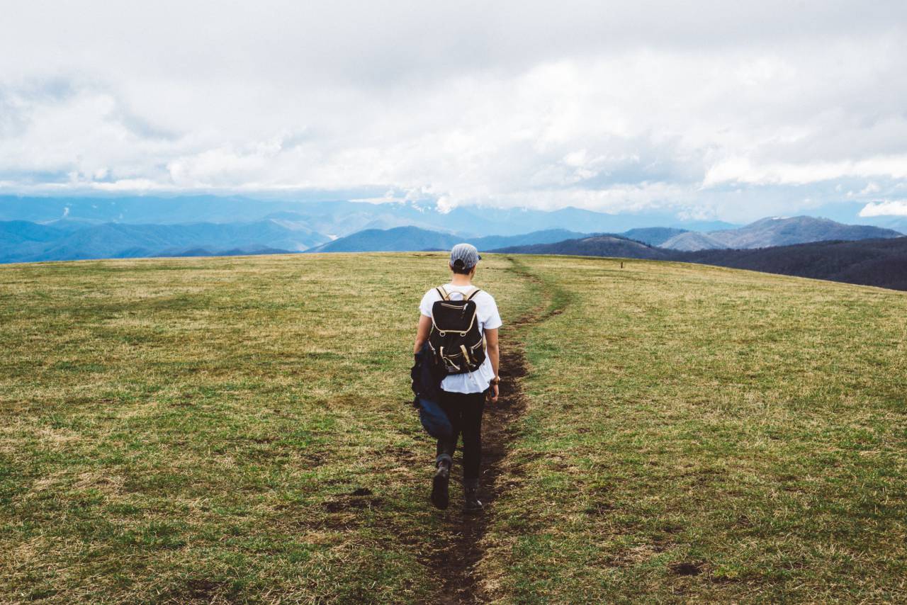 guy, man, male, people, back, walk, leave, fashion, style, road, path, trees, grass, plains, mountains, sky, clouds, horizon, hike, trek, travel
, 