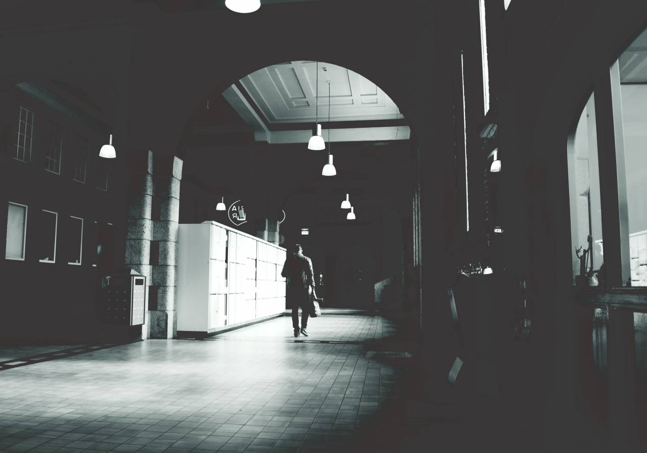 guy, man, male, people, back, walk, leave, corridor, architecture, building, ceiling, lamps, lights, arches, windows, tiles, floor, black and white
, 