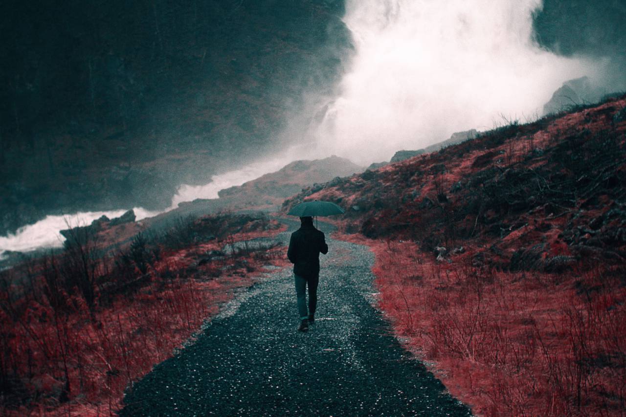 man, alone, people, shadow, clouds, sky, nature, umbrella, rain, sad
, 