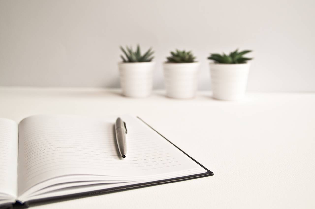 minimal, desk, writer, pen, notpead, notebook, pot plant, plant, white, office, business
, 
