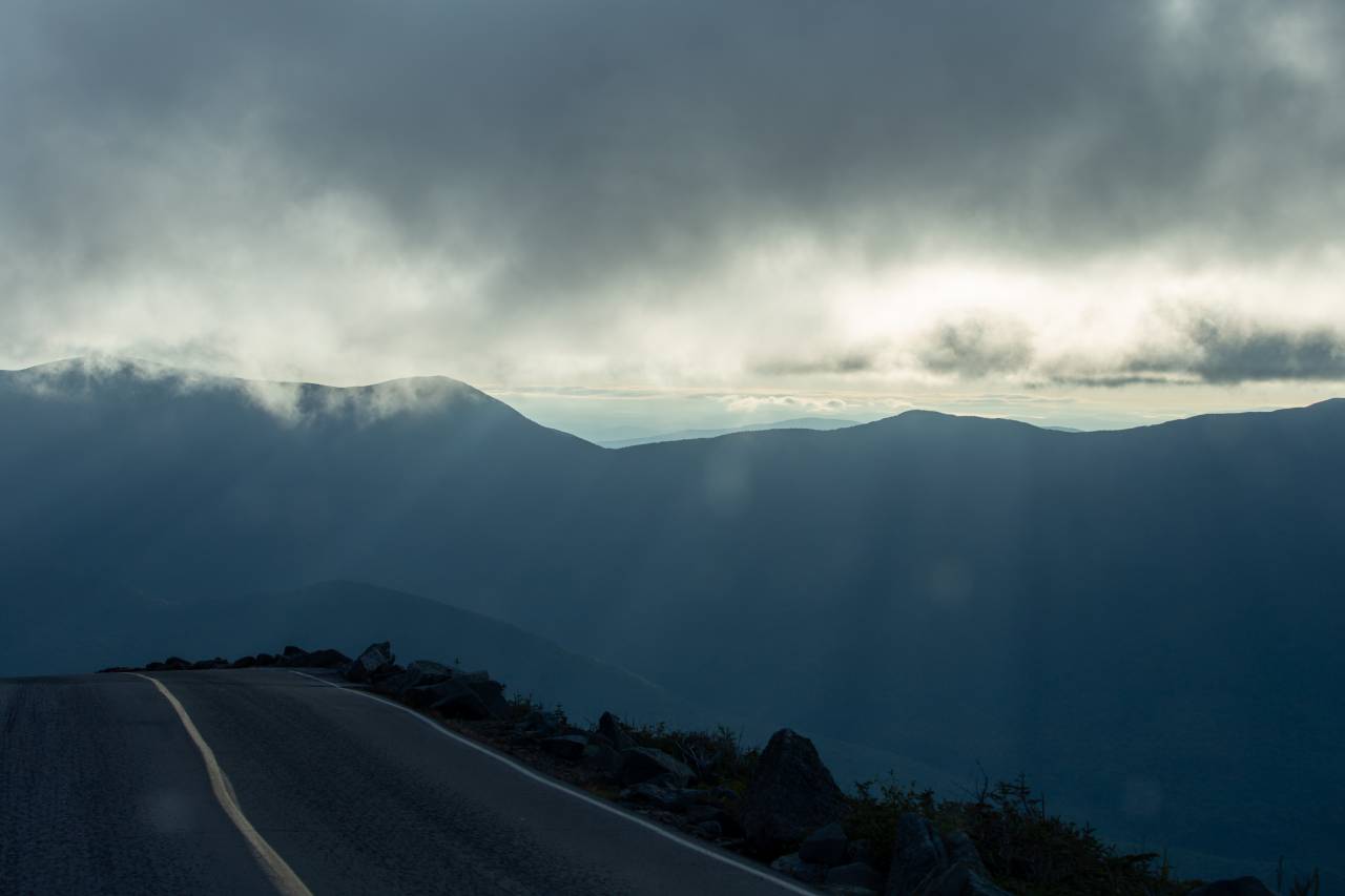 misty, mountain, road, fog, clouds, sky, driving, cliffs, nature, landscape, travel, route, hills, light, rays, horizon
, 