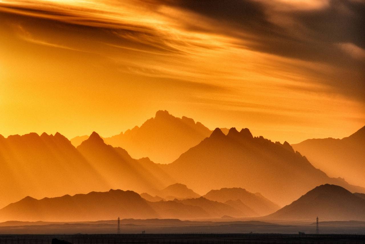 Montaña, Highland, amanecer, sol, vista al aire libre, naturaleza, mar, océano, silueta,