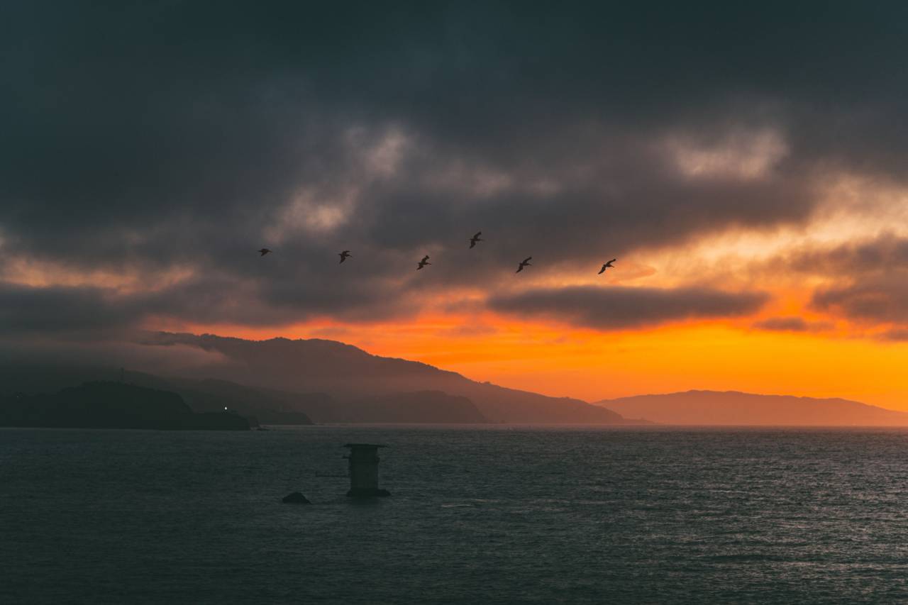montaña, valle, colina, naturaleza, paisaje, mar, agua, océano, aves, animales, mosca, cielo, luz del sol, Dakrk, puesta de sol, amanecer,