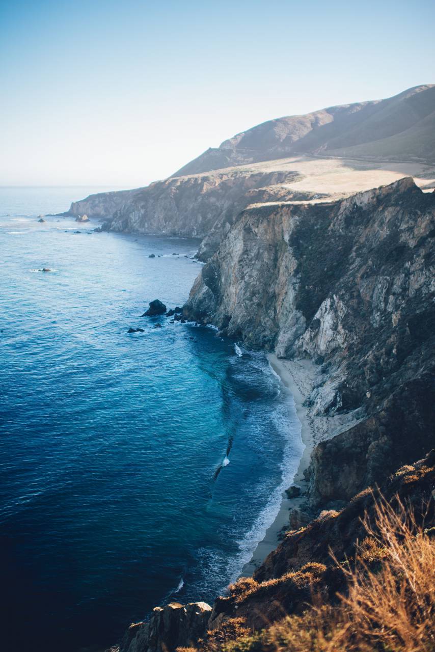 nature, landscape, mountain, coast, beach, shore, sea, waves, water, blue, rocks, sky, horizon
, 