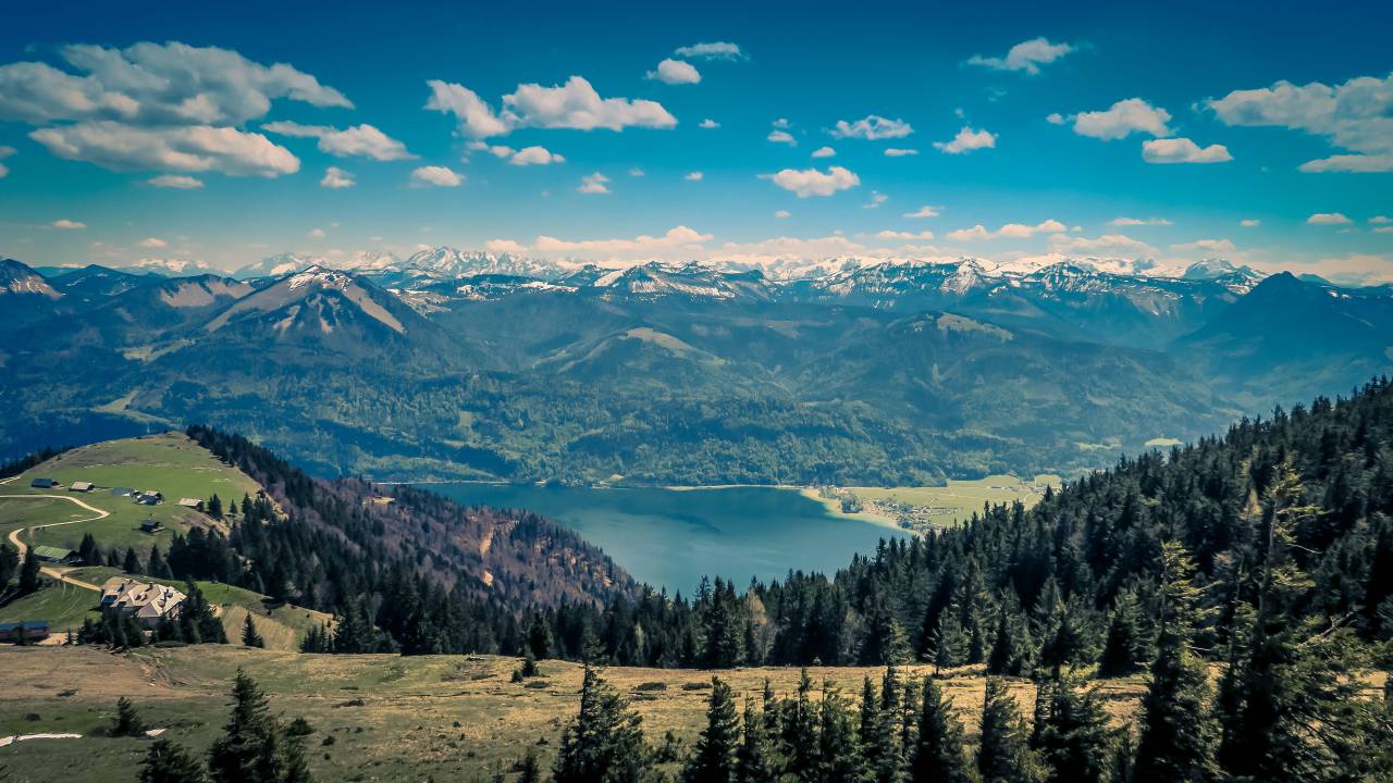 nature, landscape, mountains, summit, peaks, forests, trees, grass, water, lake, river, snow, sky, clouds, horizon, rural, paths, roads, picturesque, blue
, 