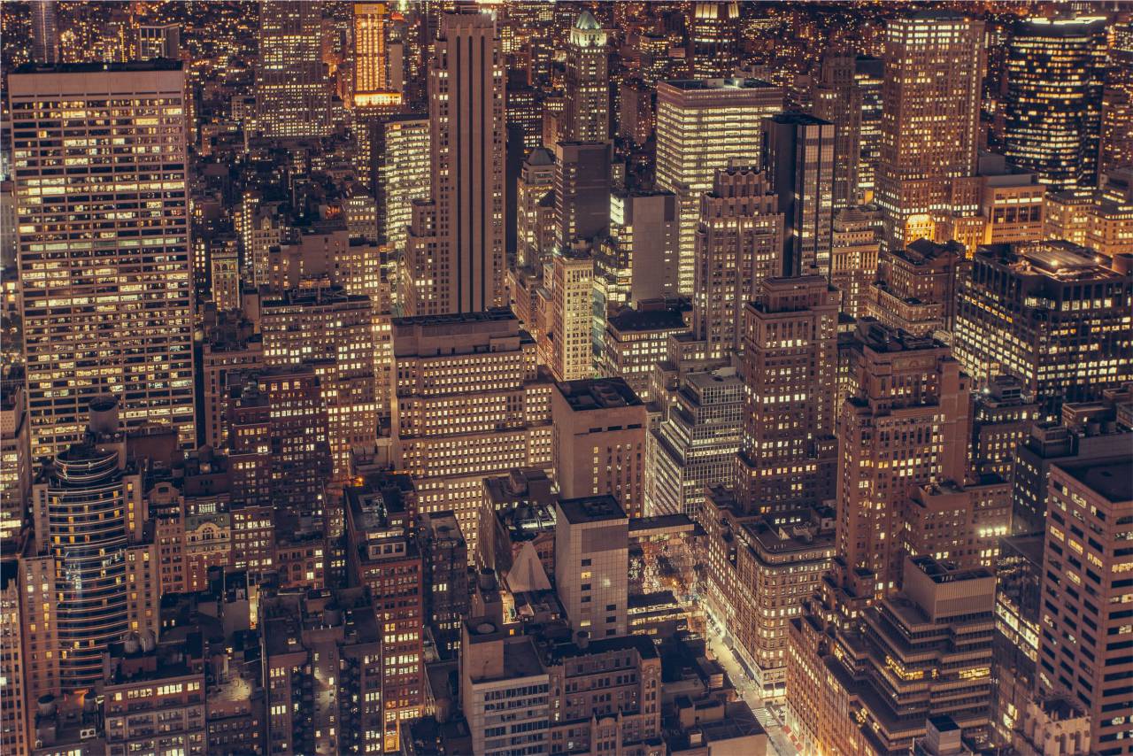 Nueva York, ciudad, horizonte, NYC, edificios, arquitectura, noche, oscuridad, luces, antena, tejados, torres, rascacielos, urbano