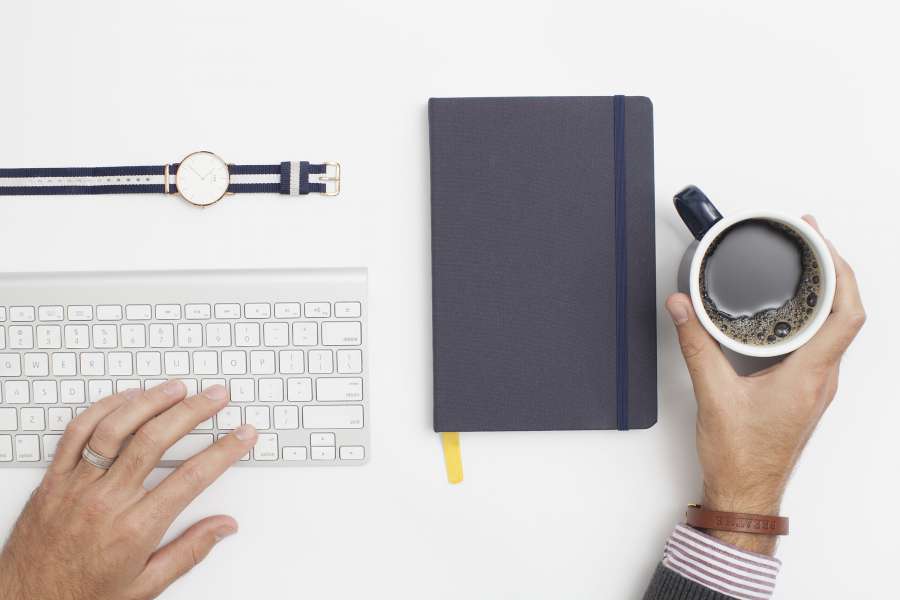office, desk, hands, keyboard, cup, coffee, mug, notebook, notepad, journal, watch, objects, business, working
, 